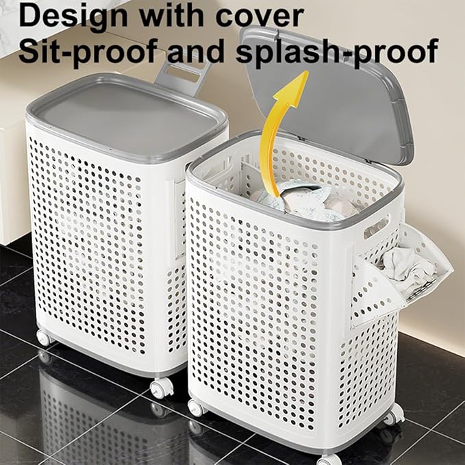 Plastic Laundry Basket with Lid and Wheels, Clothes Hamper with Side Compartments and Brakes, Portable Laundry Hamper on Wheels for Easy Mobility for Bathroom and Bedroom