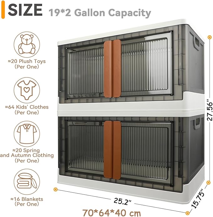 Storage Bins, Cabinet with Lids, Extra Large Useful Box, 19 Gallons (72L) Capacity (Per One), 2 Packs, Collapsible, Transparent, Home Organizer