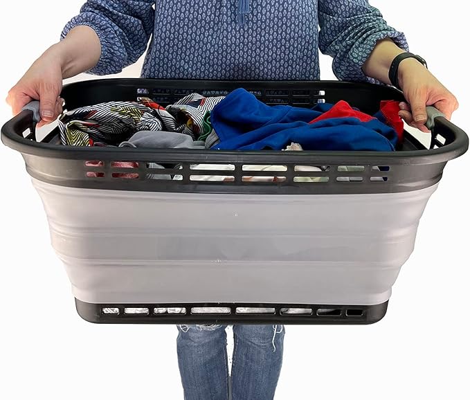 SAMMART 42L (11 Galloons) Collapsible Plastic Laundry Basket - Foldable Pop Up Storage Container/Organizer - Portable Washing Tub - Space Saving Hamper/Basket [BPA Free] (Black/Frost Grey)