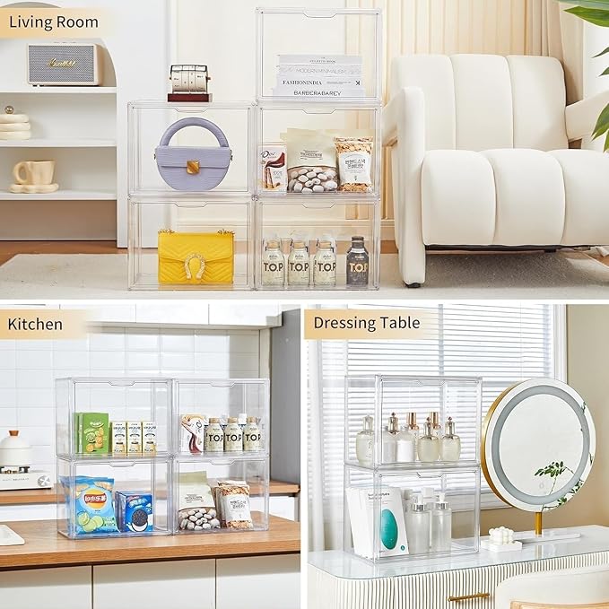 ZLLZUU Clear Storage Bins with Lids, 5 Pack Acrylic Display Case with Magnetic Door for Cosmetic Collectibles Large Figures Models, Stackable Acrylic Storage Box for Home Office Living Room Dorm