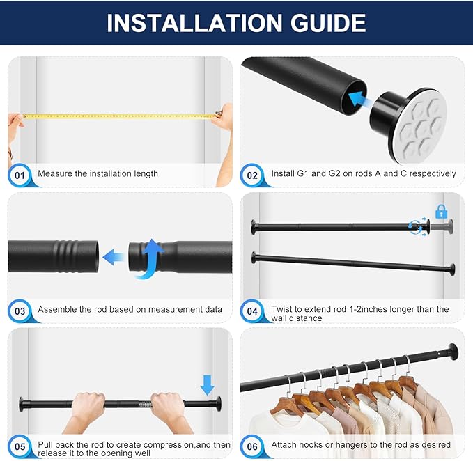 No Drilling Closet Rod, 27.5-82 Inches Hanging Closet Rod for Clothes, Closet Bar & Pole Heavy-duty, Closet Rods for Hanging Clothes For Closet Wardrobes Bathroom Laundry RV Curtains, Black