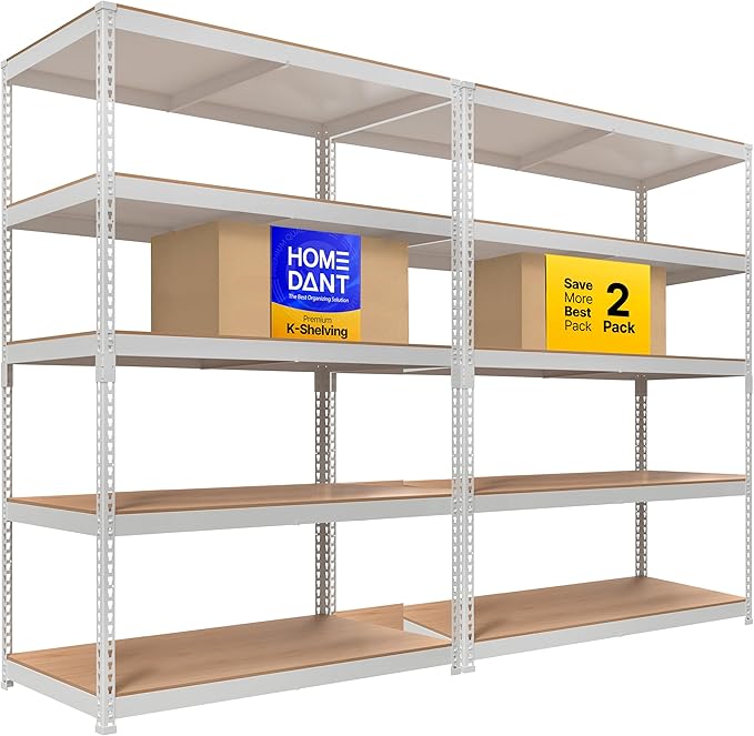 HOMEDANT 47.7" W Deep 5 Tier Heavy Duty Garage Shelving Adjustable Metal Rack Storage Shelves Standing Shelf Unit Organizers Industrial Warehouse Basement White 2Pack