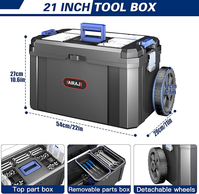 3-In-1 Tool Box with Wheels | Rolling Stackable Tool Box | Modular Tools Storage System | Small Toolbox with Detachable Parts Box Organizer丨Portable Toolbox for Garages,Home DIY,Workshop丨17+19+21"
