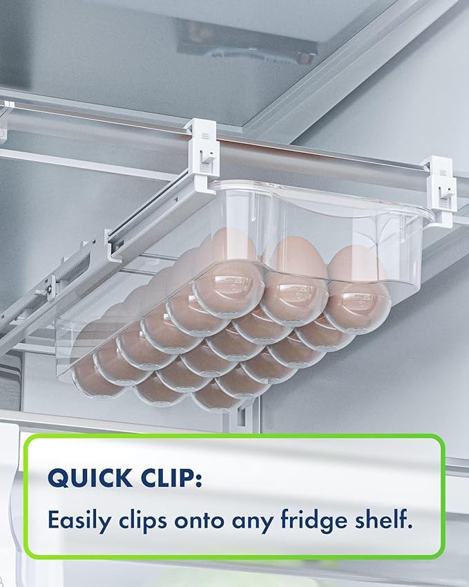 TidyFriend 2 Pack Refrigerator Egg Drawer 14"x7.5"x3.95" – Snap-On Egg Holder with Pull-Out Drawer, Holds 18 Eggs, Fits Flat Fridge Shelves 14.1–16.3 in Long and 0.93–1.32 in Thick