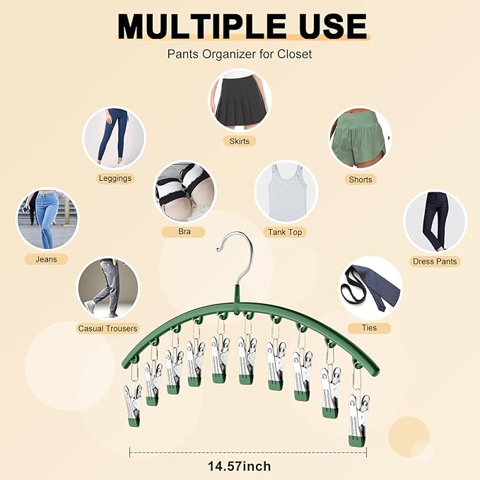 Legging Organizer for Closet, Metal Yoga Pants Hangers 4 Pack w/10 Clips Holds 40 Leggings, Space Saving Hanging Closet Organizer w/Rubber Coated Closet Organizers and Storage, Green