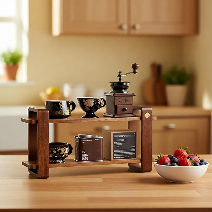 Coffee Station Organizer for Kitchen Countertop Mug Holder 2 Tier Wooden Cup Organizer Stand Shelf