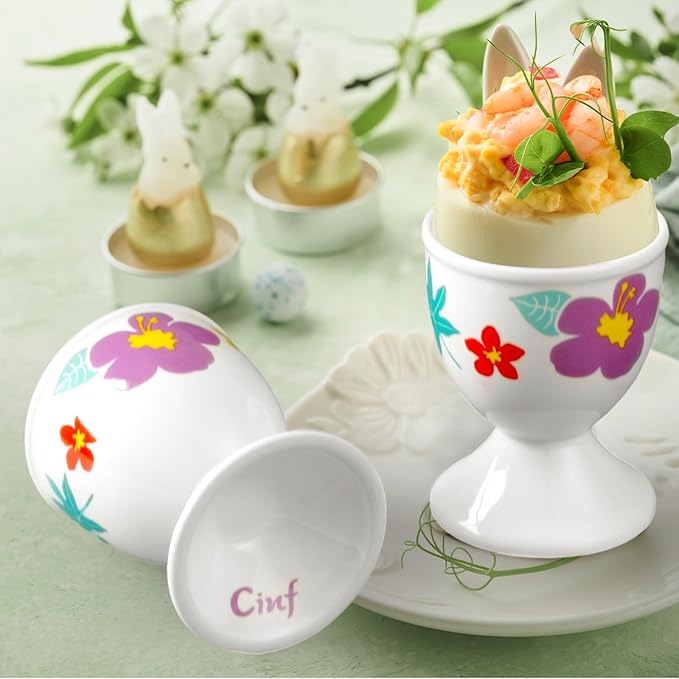 Cinf Ceramic Egg Cups Easter Gift Set of 2 Porcelain Holder Breakfast Boiled Cooking Easy to Clean Childhood Memories Kitchen(Hawaii Flower)