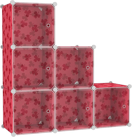 C&AHOME Cube Storage Organizer with Doors, 6-Cube Shelves, DIY Plastic Modular Bookshelf, Closet Clothes Storage Shelving Ideal for Bedroom, Living Room, Clover Embossed, Red
