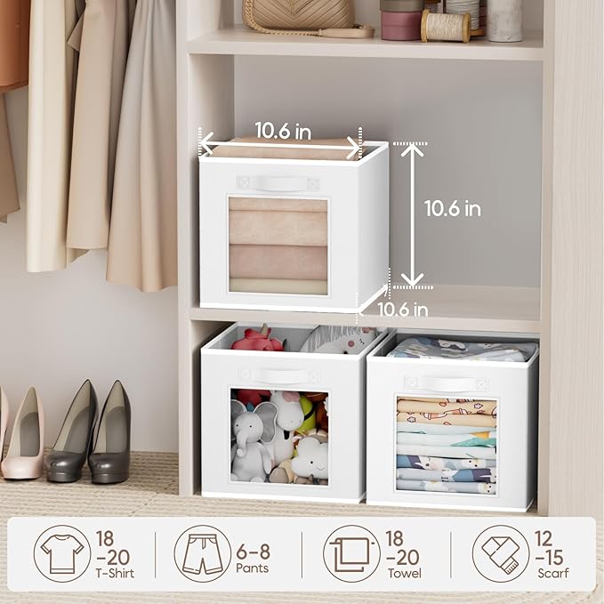 Homsorout Storage Cube 11 Inch - Cube Storage Bins with Window, Closet Storage Baskets with Handle, Fabric Bins for Closet, Shelves, Toys, Clothes, Set of 6, White