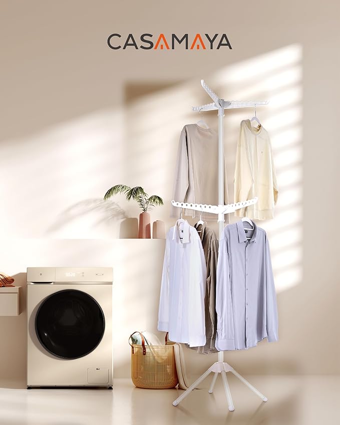 CASAMAYA Clothes Drying Rack Foldable, 74.8 inch 2 Tier Laundry Drying Rack with Rotating Clothes Rail for 54 Pieces of Clothes, Space Saving, Indoor, Stainless Steel, White CDR002W11