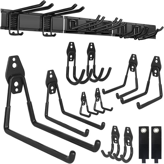 PIYILO Garden Tool Organizer 48 in with 18 Garage Hooks, Heavy Duty Garage Wall Hooks for Hanging Ladder, Bike, Tool Storage Rack for Yard Tools, Shovel, Shed (23 Pack)