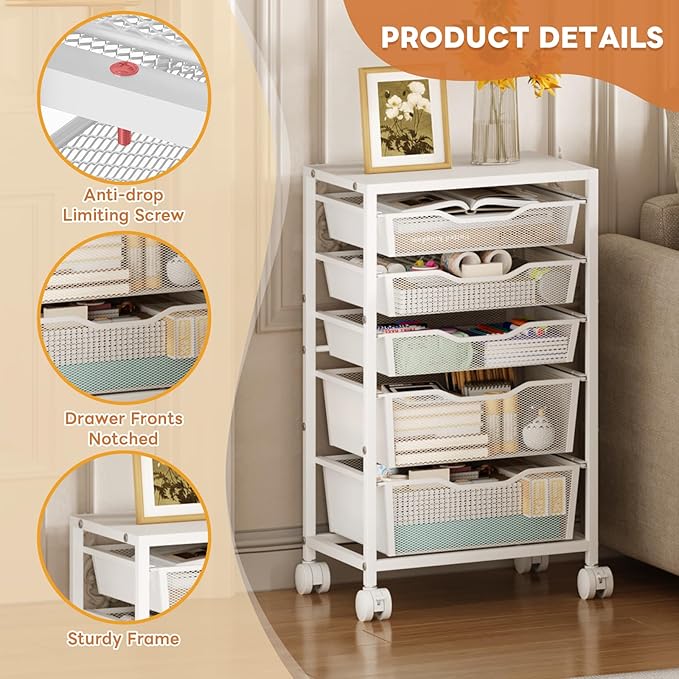 Sbanmao Rolling Storage Cart with 5 Drawers, Metal Utility Cart with Lockable Wheels, Craft Storage Art Cart, Rolling Drawer Cart for Living Room, Bedroom, Bathroom, Office, Home, White