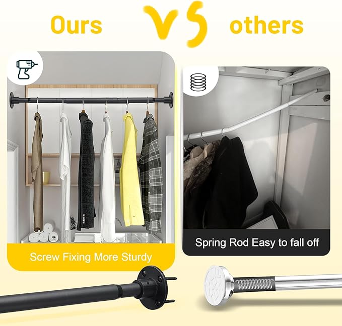 Closet Rod, 30 to 92 inch Adjustable Closet Rods for Hanging Clothes, Heavy Duty Closet Hanging Rod, Black Closet Hanger Poles, Metal Closet Hanging Bar for Wardrobes Laundry, Drilling Installation