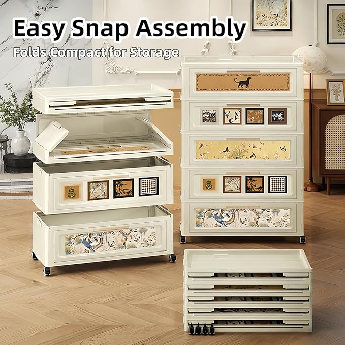 180QT Foldable Storage Cabinet with Lids, Stackable Storage Drawers with Doors and Wheels,ABS Durable Storage Cabinet Organizer for Home, Living Room, Kitchen, Stylish Home Decor (3 Tier)