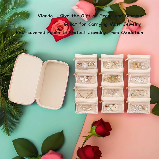 VLANDO Travel Jewelry Box Organizer – Portable PU Leather Jewelry Case with 6/8/12 Zippered Pouches, Compact Storage for Earrings Rings Necklaces Bracelets, Rosy Mauve