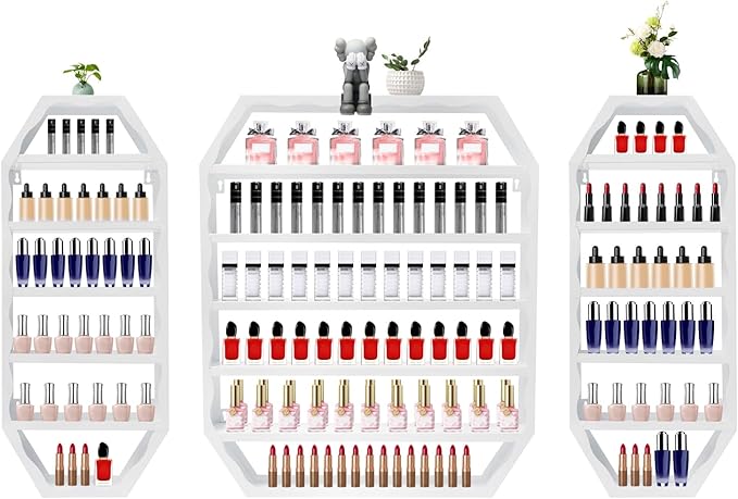 Wall-Mounted Nail Polish Storage Racks, 3PCS Multi-Tiers Metal Cosmetic Display Rack Lipstick Perfume Display Rack with 1 Middle Rack & 2 Side Racks for Spa Nail Salon Shop (White)