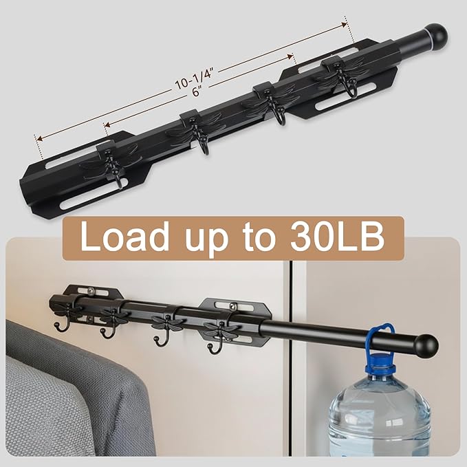 12" Valet Rod for Closet Pull Out with 4 Dragonfly-shaped Hooks, Black