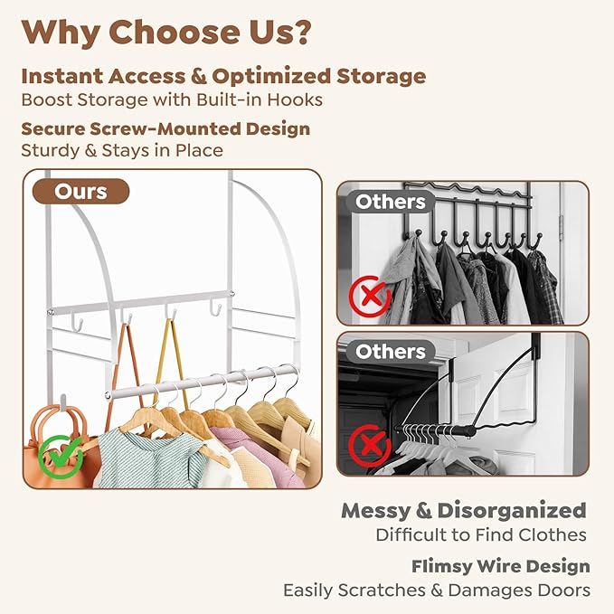 Kaiferty Over The Door Clothes Hanger Drying Rack, Over Door Drying Rack Hooks for Hanging Towels, Coats & Clothes, Door Hanger Organizer Storage for Bathroom Bedroom Laundry Dorms Washroom (White)