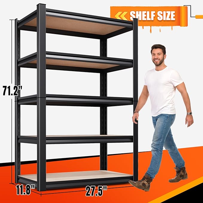 Set of 2 Garage Shelving Heavy Duty Storage Shelves, Metal Adjustable Shelving Unit, Utility Garage Organizer Shelf for Basement, Pantry, Kitchen, Warehouse,11.8" Dx27.5 Wx71.2 H Black
