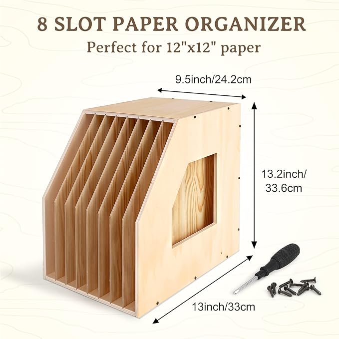 Caydo 12x12 Paper Storage Organizer, Slope Design Scrapbooking Storage Shelf For Holding 12 x 12 Inch Scrapbooking, 8 Slot Stable Scrapbook Paper Rack For Portfolio, Heat Transfer