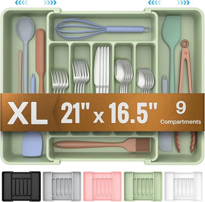 ukeetap Extra Large Expandable Silverware Organizer, BPA-Free Food-Safe Cutlery Flatware Organizer, Kitchen Utensil Drawer Organizer, Adjustable Silverware Holder for Spoons Forks Knives, Green