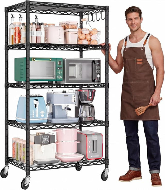 PrimeZone Wire Shelving Unit with Wheels, 5 Tier Adjustable NSF Certified Heavy Duty Metal Storage Shelves, Pantry Organizer Shelf Rolling Bakers Rack for Closet Garage, 24" W x 18" D x 75" H, Black