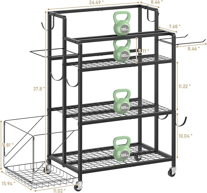Home Gym Storage Rack, Multi-functional Workout Equipment Storage for Dumbbells, Kettlebells & Yoga Mats, Heavy Duty Weight Rack for Home Garage Gym, Rolling Fitness Equipment Organizer with Hook