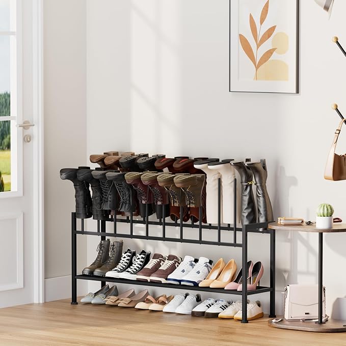 DIMJ Boot Rack 3-Tier - Black Metal Boot Storage Rack for Tall Boots Organizer Tall Boots, Multiuse Shoe Rack for Boots, Sneakers, High-Heels, Entryway, Fit for 10 Pairs, Black