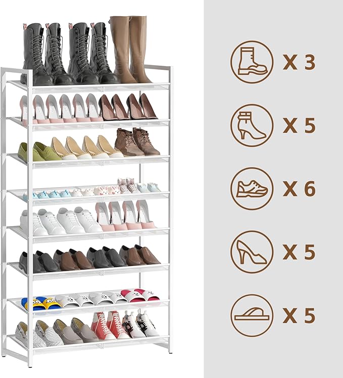 8-Tier Shoe Organizer, Tall Metal Shoe Rack for Closet Entryway Garage, Large Capacity Shoe Storage with Adjustable Flat, Holds 32-40 Pairs, White