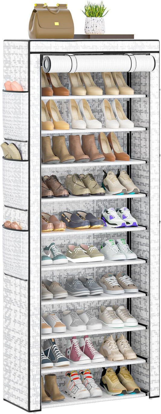 OYREL Shoes Rack 10 Tier Tall Shoe Rack with Storage Pockets, Fabric Covered Shoe Racks,Metal Shoes Rack Organizer for Closets,Bedroom, Garage