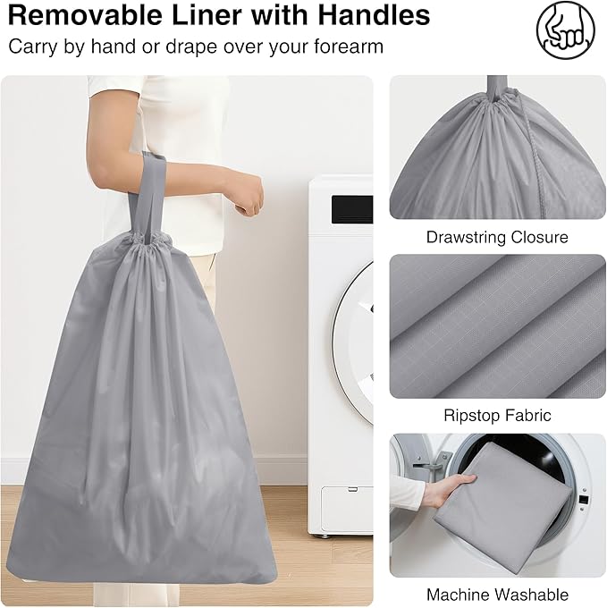 STO STO Laundry Basket 75L, Space-Saving Laundry Hamper for Small Spaces, Freestanding Clothes Hamper with Iron Frame, Removable Washable Liner, Laundry Organizer for Bedroom, Bathroom, Dorm, Gray