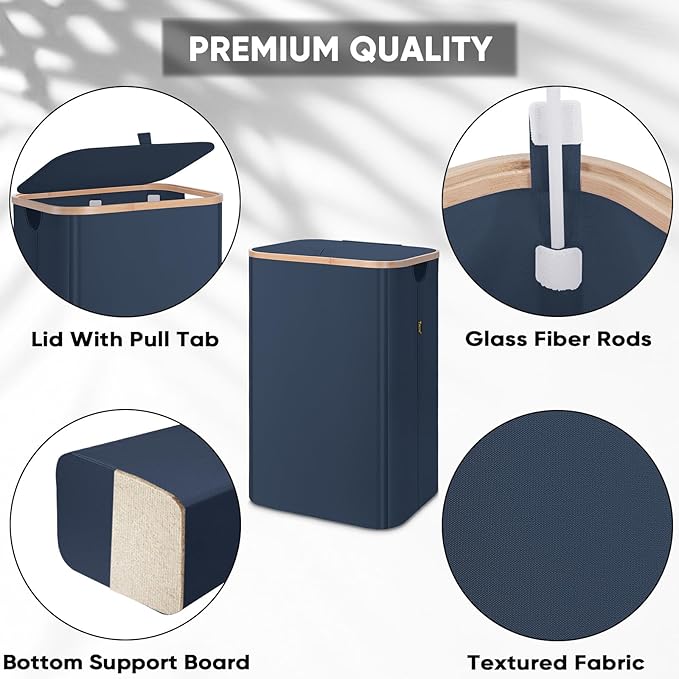 BALEINE Laundry Hamper with Lid, Tall Laundry Baskets with Bamboo Pull Handles, Large Laundry Bin with Internal Support (26 Gal/100L, Blue Pinstripe)