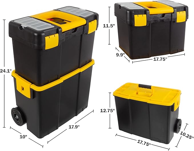Portable Tool Box with Wheels - Stackable 2-in-1 Tool Chest with Fold-Down Comfort Handles, Tough Latches, and Removable Storage Trays by Stalwart