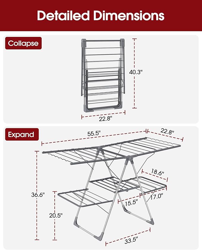 Sakugi Clothes Drying Rack, Foldable 2-Level Laundry Drying Rack with Height-Adjustable Wings, for Clothing & Bedding, Free-Standing Space-Saving Rack, Indoor & Outdoor, 55.5" L × 22.8" W, Gray