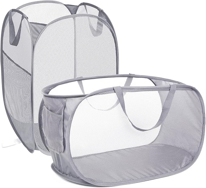 2 Pcs Durable Collapsible Laundry Baskets - Reinforced Mesh Pop Up Laundry Hamper with Pocket, Foldable Dirty Clothes Hamper with Carry Handles for Laundry, Bathroom, Kids Room, Dorm or Travel Grey
