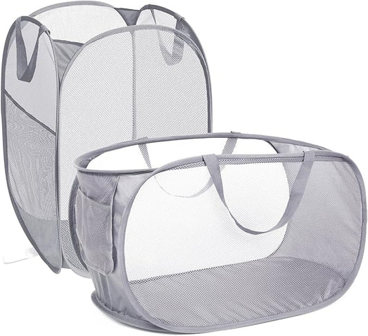2 Pcs Durable Collapsible Laundry Baskets - Reinforced Mesh Pop Up Laundry Hamper with Pocket, Foldable Dirty Clothes Hamper with Carry Handles for Laundry, Bathroom, Kids Room, Dorm or Travel Grey
