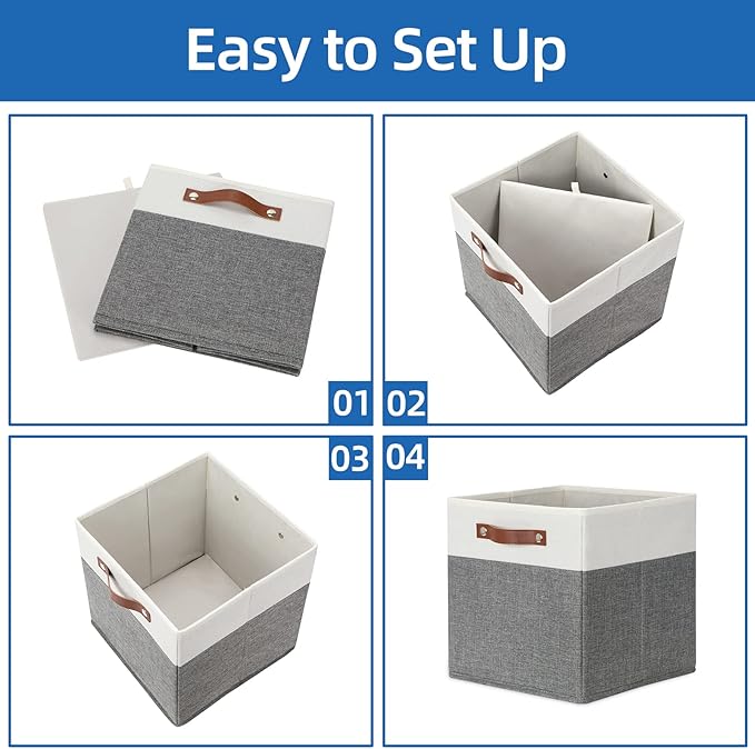 Temary Storage Cubes 12x12 Fabric Cube Storage Bins Foldable Storage Baskets with Handles, Decorative Storage Boxes for Organizing, Home, Office, Nursery, Shelf, Closet (White & Grey, 12 x 12 x 12)