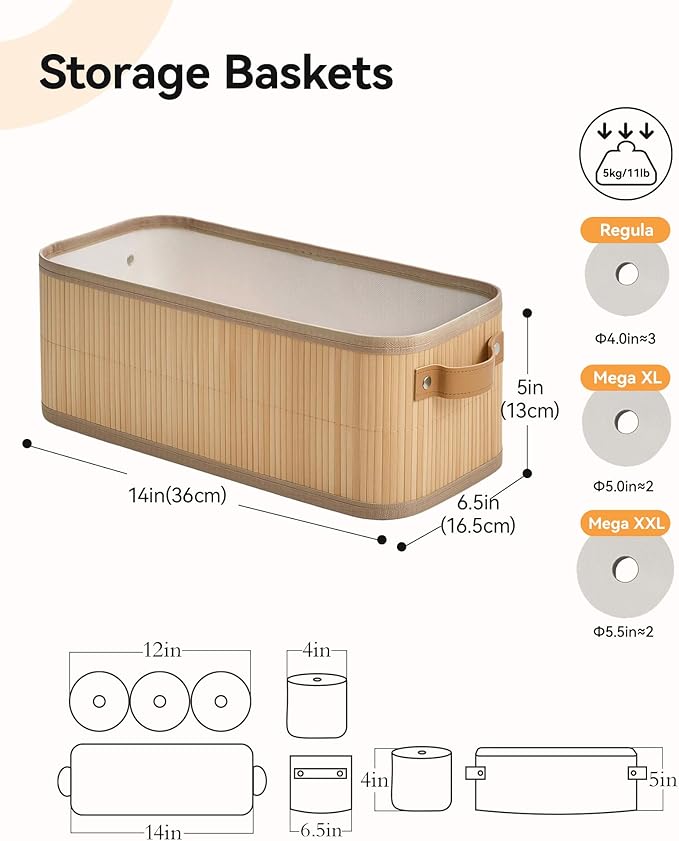 Narrow Storage Bins, Small Basket for Closet and Shelves, Bamboo Toilet Paper Storage Organizer with Handles for Countertop-Bathroom-Home Decor, 2-Pack