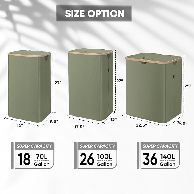 BALEINE Laundry Hamper with Lid, Tall Laundry Baskets with Bamboo Pull Handles, Large Laundry Bin with Internal Support (18 Gal/70L, Green)