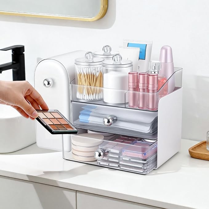 Makeup Organizer,Vanity Organizer with Makeup Brush Holder,Large Skincare Organizers with Drawers,Bathroom Countertop Organizer,Storage Lipstick,Perfume,Nail Polish,Beauty,Mothers Day Gifts
