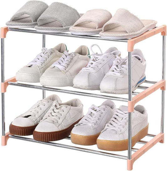 Jucaifu Stackable Small Shoe Rack, Entryway, Hallway and Closet Space Saving Storage and Organization (3-Tier, Pink)