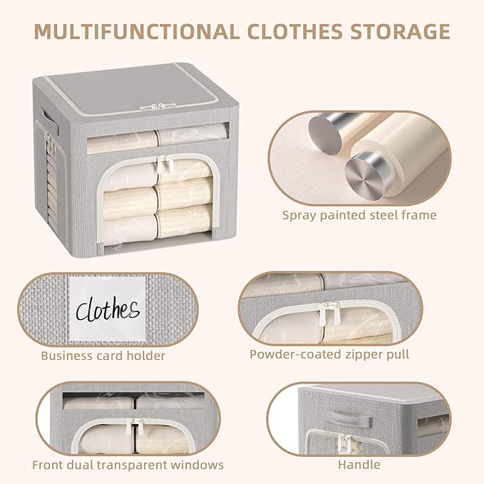 FHSQX 6 Pack Foldable Storage Bins for Clothes Clothes Storage Bins with Metal Frame Stackable Storage Box with Lid (Light Grey, 19.7x15.7x13.8 inch (70L))