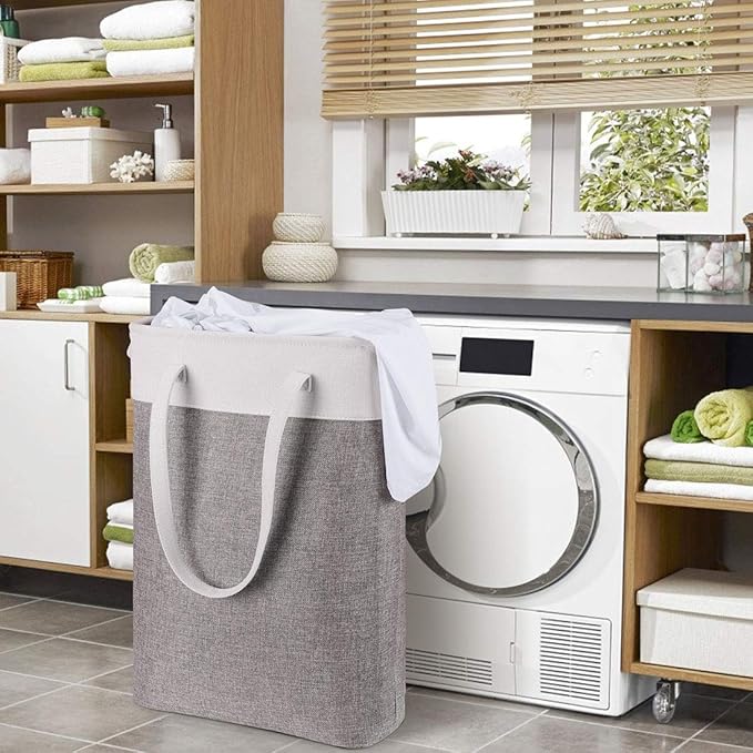 i BKGOO Laundry Basket with Handles white&Grey Coffee-Slim Laundry Bin Collapsible Dirty Clothes Basket Narrow Laundry Bag Foldable Dirty Hamper for Camping, Dorms, Apartments