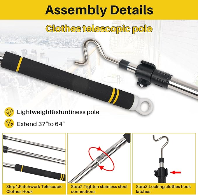 Clothes Hook Pole Heavy Duty, 36" to 65" Long Research Pole with Hook Sponge Long Handle Telescoping Pole Stainless Steel Tube S Hook Closet for Reaching Extending Rod Hang High Area Top