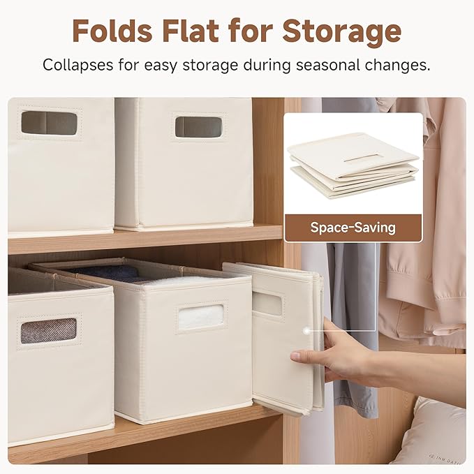 StorageWorks Fabric Storage Bins for Shelves, Closet Organizers and Storage Baskets, Collapsible Storage Bins with Cutout Handles, Medium, 4-Pack, Ivory