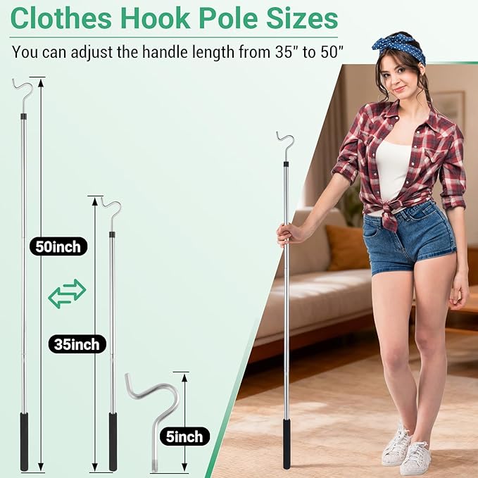 Clothes Hook Pole, High Reach Garment Hook for Hanging Clothes Light and Plants Extendable from 35" to 50" Made of Stainless Steel Tube with Sponge Handle(1)