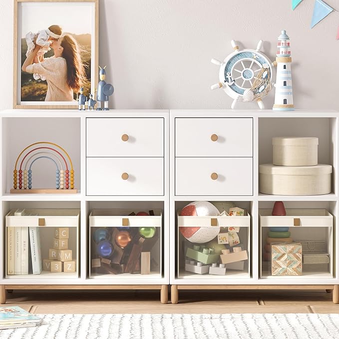 Linen Closet Organizers and Storage, Closet Storage Bins Basket Organizer, Foldable Organization Baskets with Mesh Window for Clothes Towels and Toys, 11" x 11" x 11", Beige, 2 pack