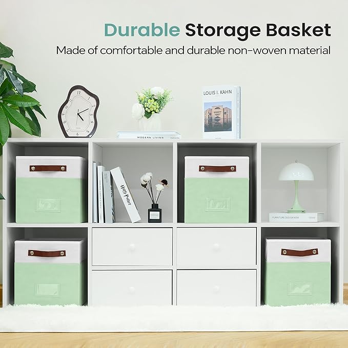FinishingBo 6-Pack Storage Cubes with Handles & Label Holders Basket, Closet Cube Home Organizer Bins(White/Green, 10.5*10.5*11 inch)