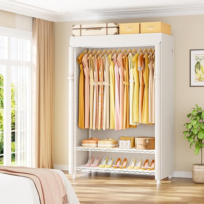 ULIFHOME H5C Plus Clothes Rack with Cover, Portable Closet for Hanging Clothes, Covered Clothing Racks Heavy Duty, 3-Tiers Garment Rack with Shelves Max Load 370LBS White Closet Rack with White Cover
