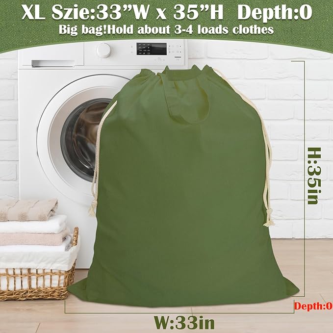 Canvas Laundry Bag 33"Wx 35"H, Thick Cotton Laundry Bag with Handles & Drawstring, Extra Large Heavy Duty Washable Basket Liner Hamper Liner Canvas Storage Sack (XL ArmyGreen)